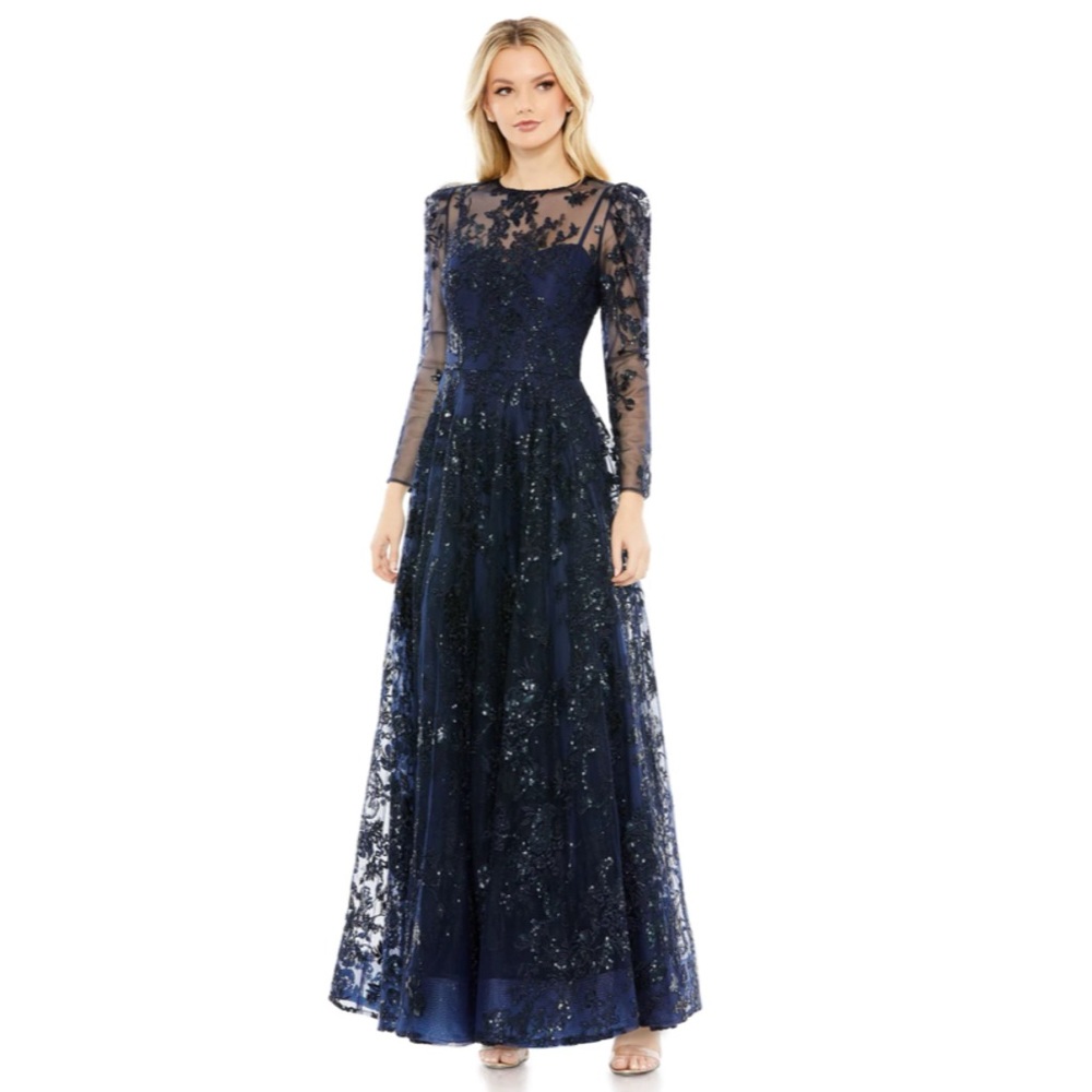 MAC DUGGAL EMBROIDERED ILLUSION EMBELLISHED GOWN